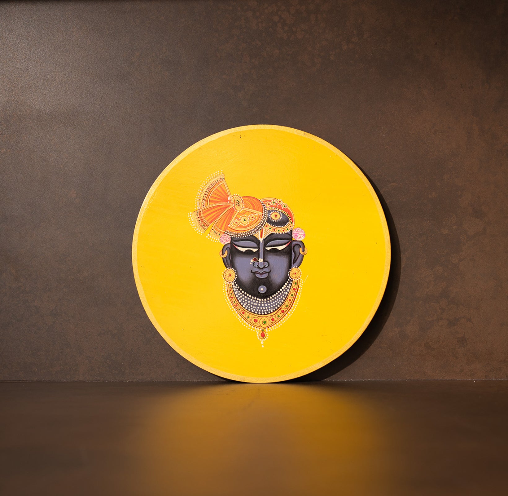 Yellow Shrinathji Handpainted Picchwai Wall Plate