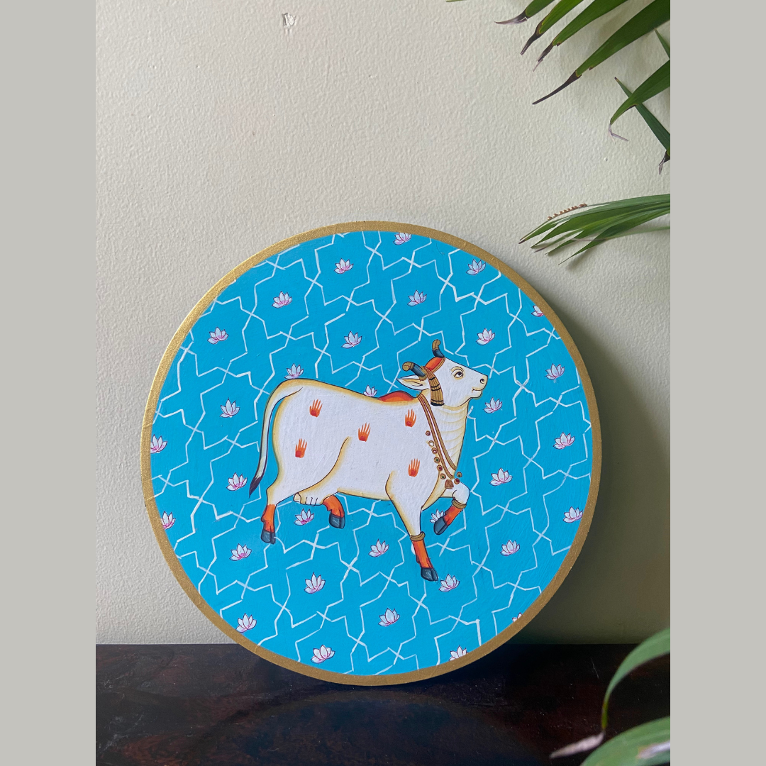 Nilah Collective   Handpainted Picchwai Wall Plate- blue cow