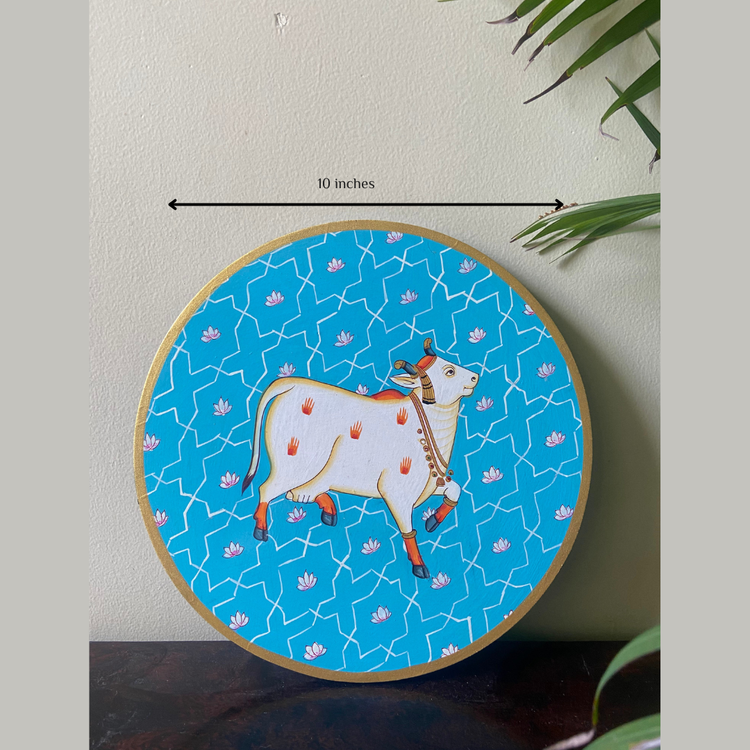 Nilah Collective   Handpainted Picchwai Wall Plate- blue cow