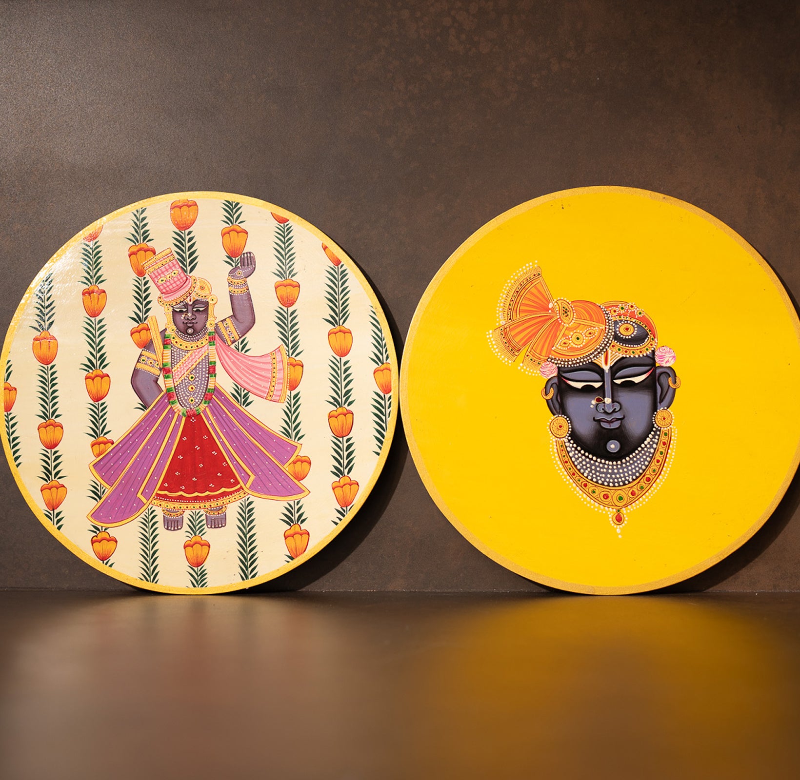 Yellow Shrinathji Handpainted Picchwai Wall Plate