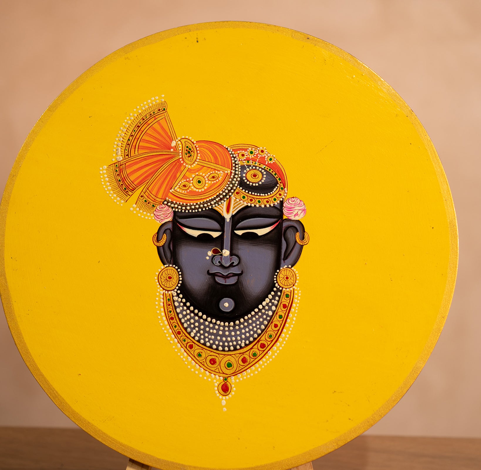 Yellow Shrinathji Handpainted Picchwai Wall Plate
